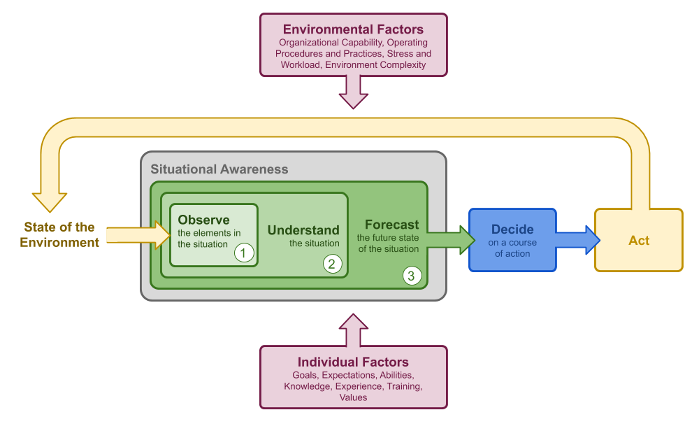 A process model showing the three levels of situational awareness; observe, understand, and forecast that support decision making and action, along with the individual and environmental factors that influence decisions. Based on Endsley&rsquo;s model of SA